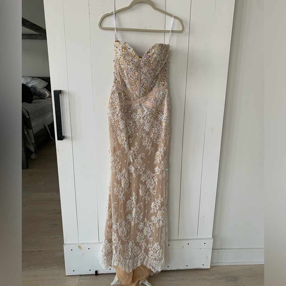 Sherri hill corseted white/ champagne gown